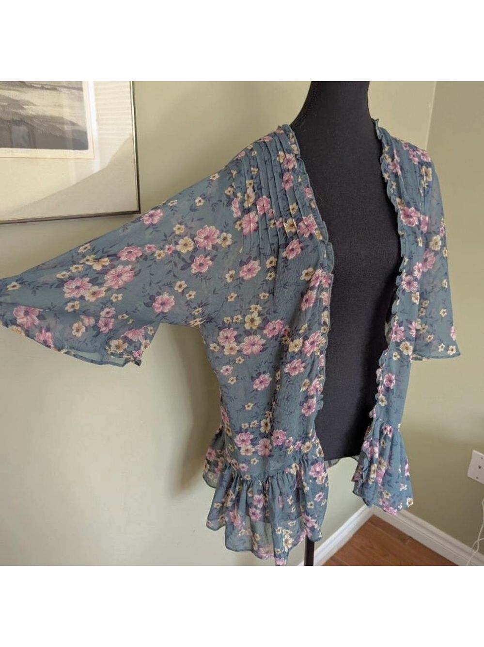 American Eagle Sheer Floral Kimono - Teal - XS/S/M - Ruffle Hem Boho